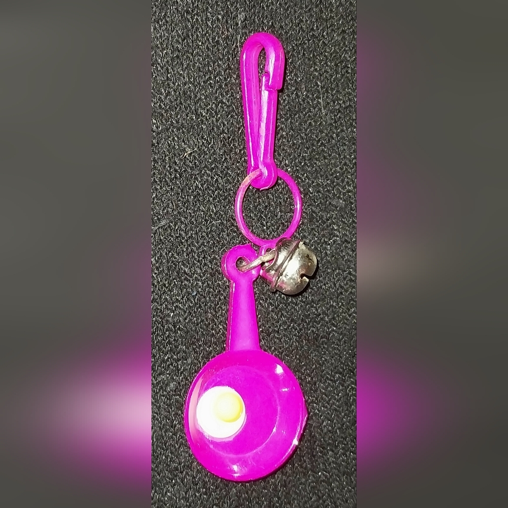 Vintage 1980s Keychain Plastic Necklace Frying Pan & Egg Charm w/ Bell